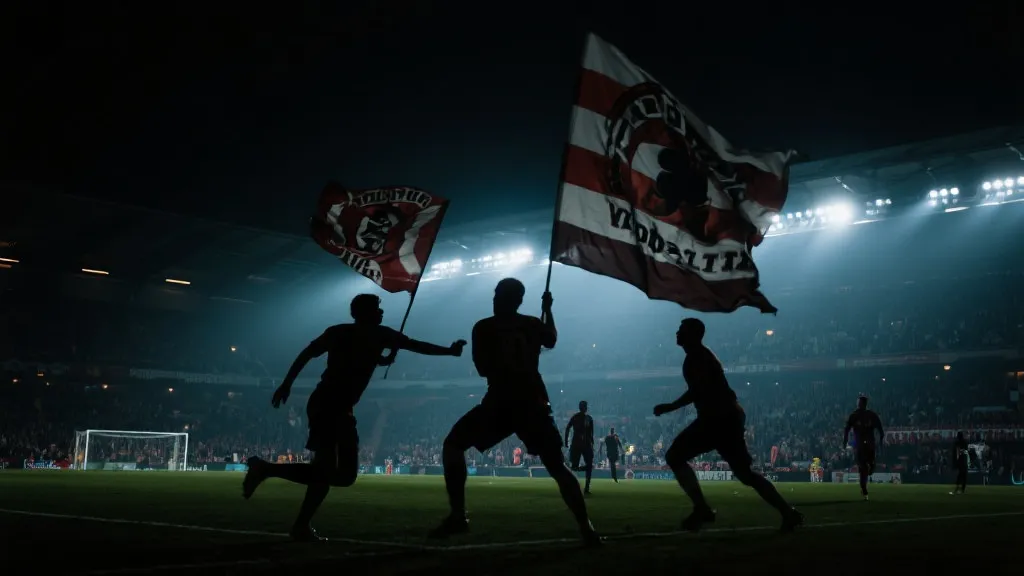 世界杯比赛氛围：球迷挥舞旗帜，球场灯光下的战术对抗