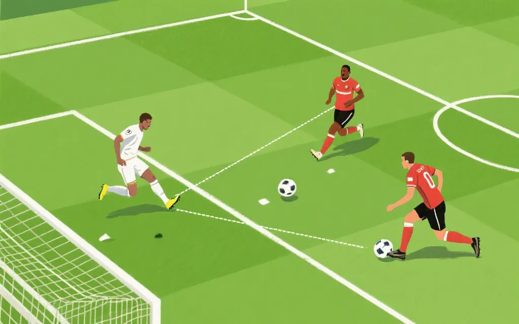 前锋在禁区内无球跑位与队友传中配合的战术氛围图