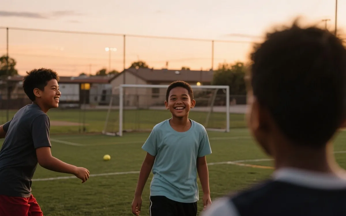 社区青少年在傍晚球场训练的温暖纪实画面
