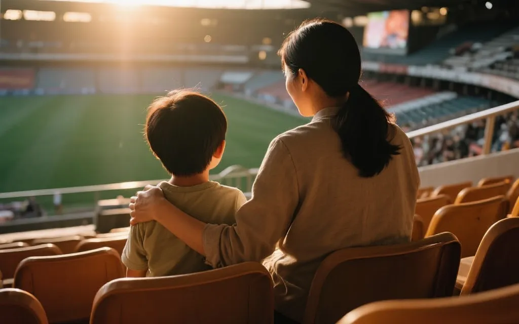 亲子在球场看台上并肩观看比赛的背影，温暖灯光