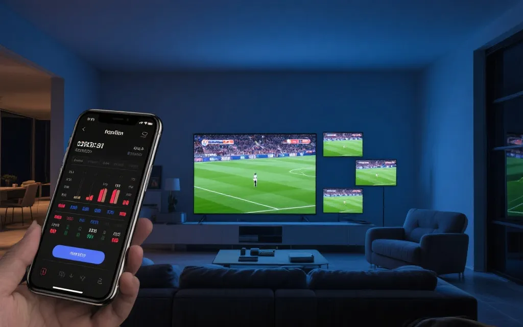 多屏观赛场景：客厅大屏播放比赛，手机显示数据与赛程提醒