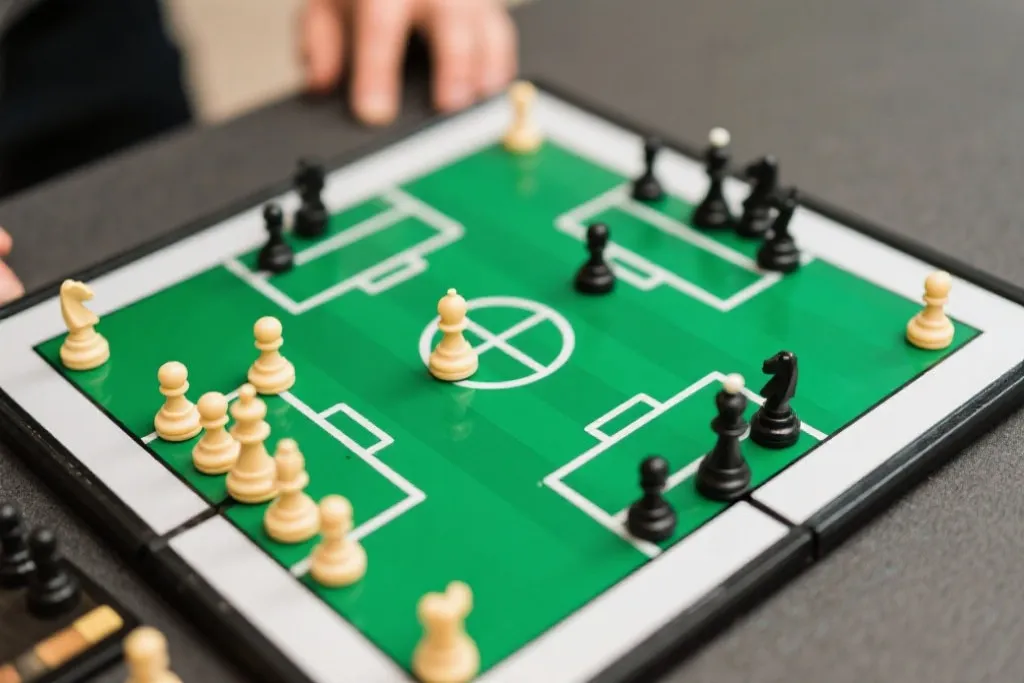 战术板上密布的磁性棋子与画出的战术路线,展现专业足球教练的视角